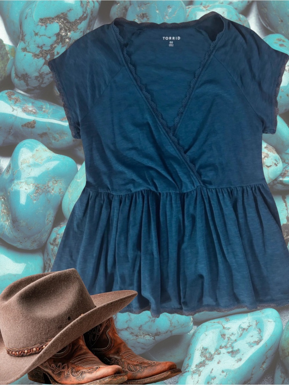 Torrid Teal Lace-Trim Peplum Wrap Short Sleeve Top